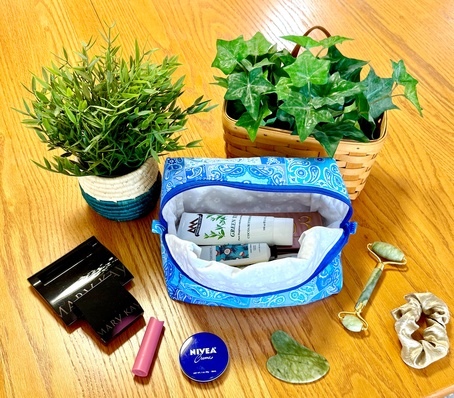 Blue Patchwork Makeup Bag